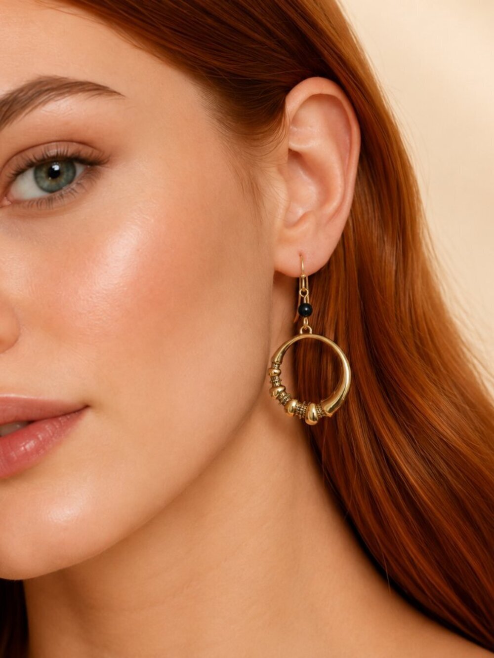 Gold Hoop Earrings With Onyx Detail Stainless Steel Large Dangle - Picture 6 of 6